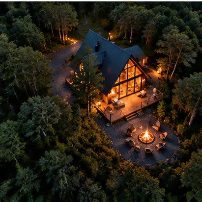 Vista aérea de una cabaña iluminada entre árboles al atardecer