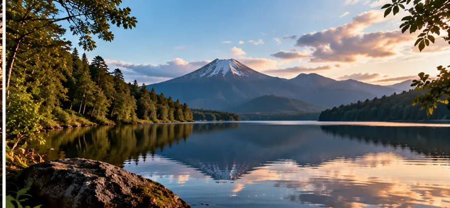 Lago tranquilo rodeado de bosque con montañas al fondo