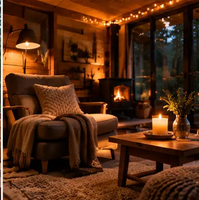 Living de cabaña con luces cálidas y sillón de lectura